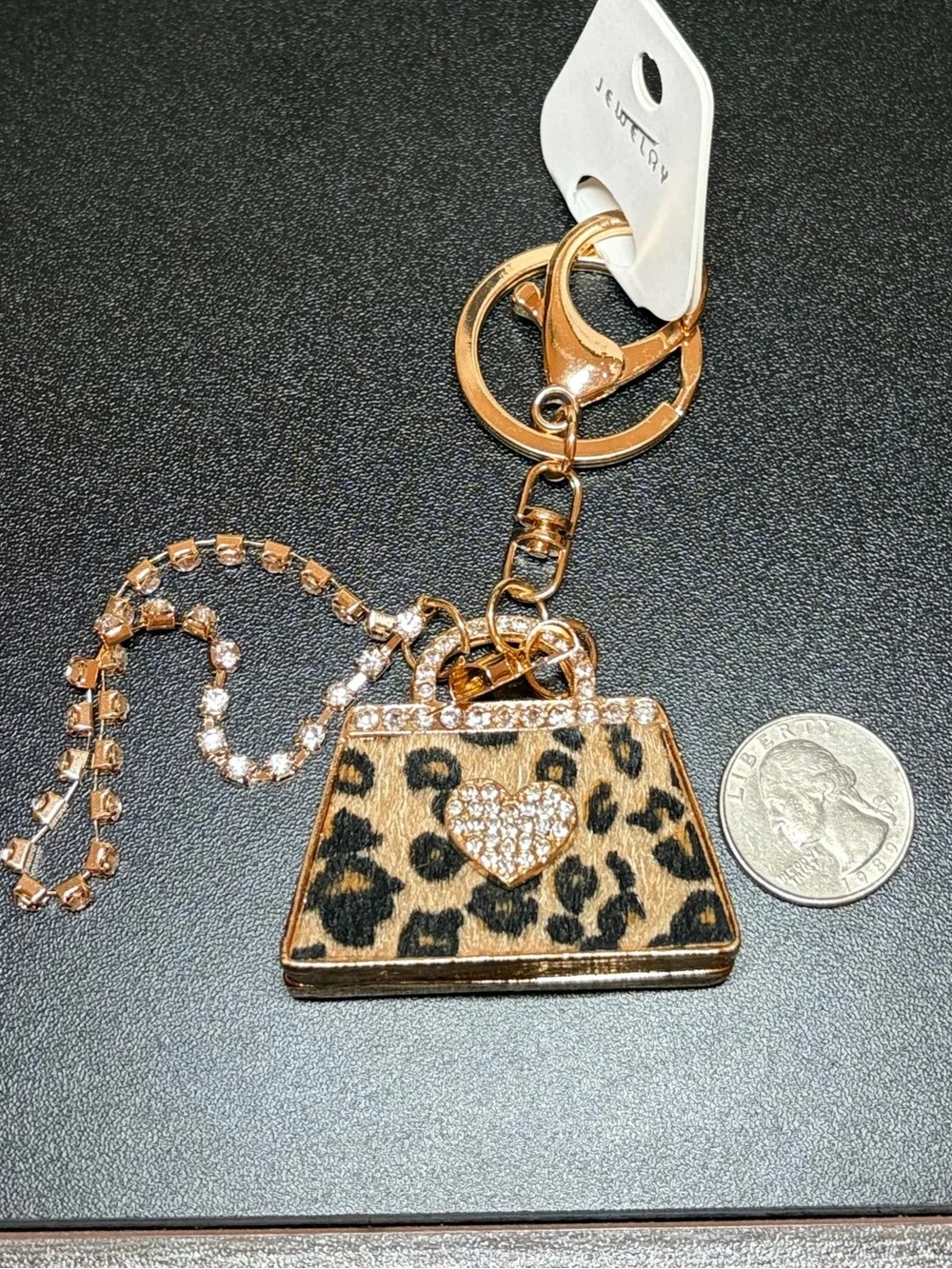 Leopard Print Purse Charm Keychain - Gold with Crystal Accents